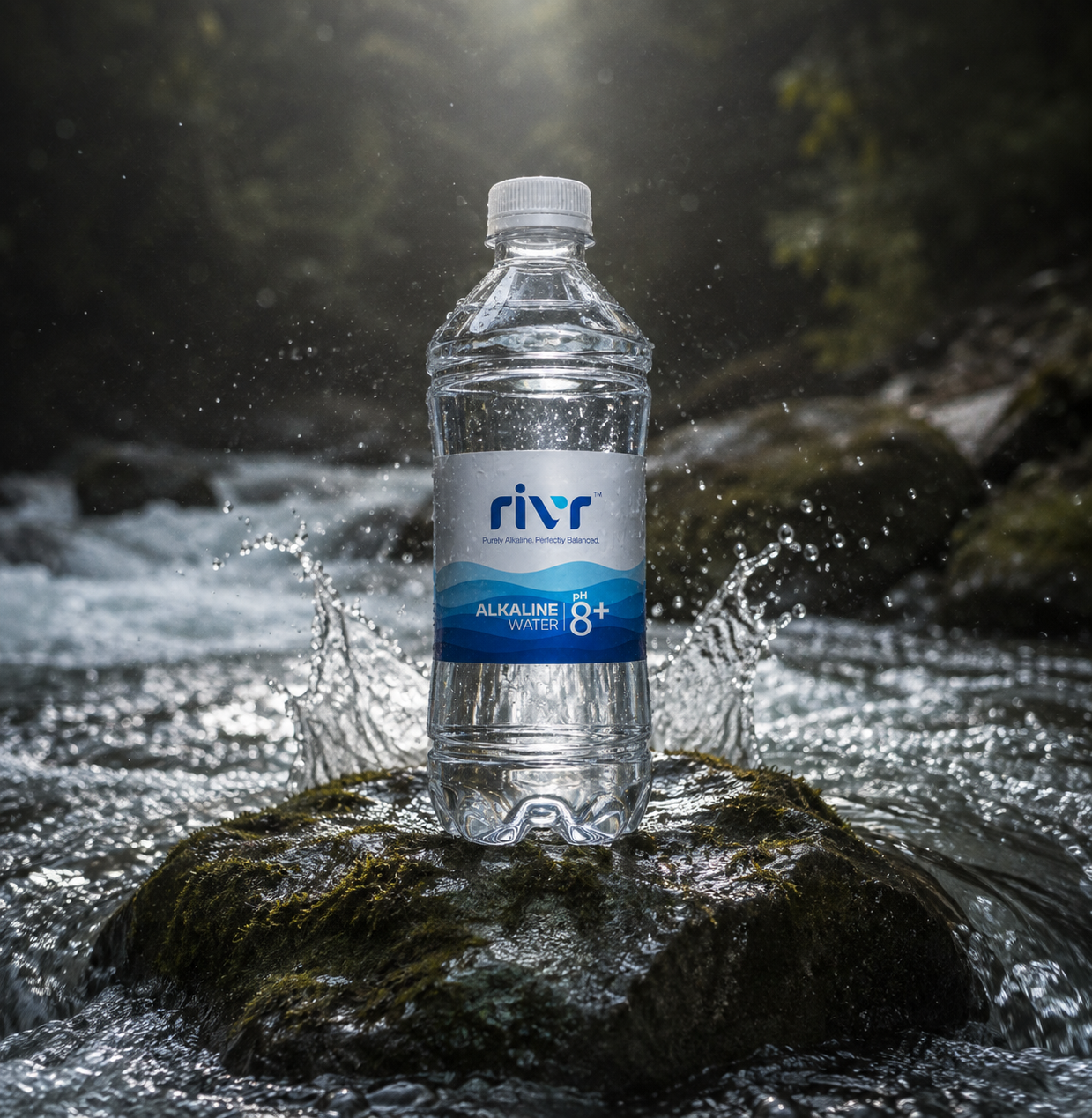 Alkaline water bottle submerged underwater with light rays